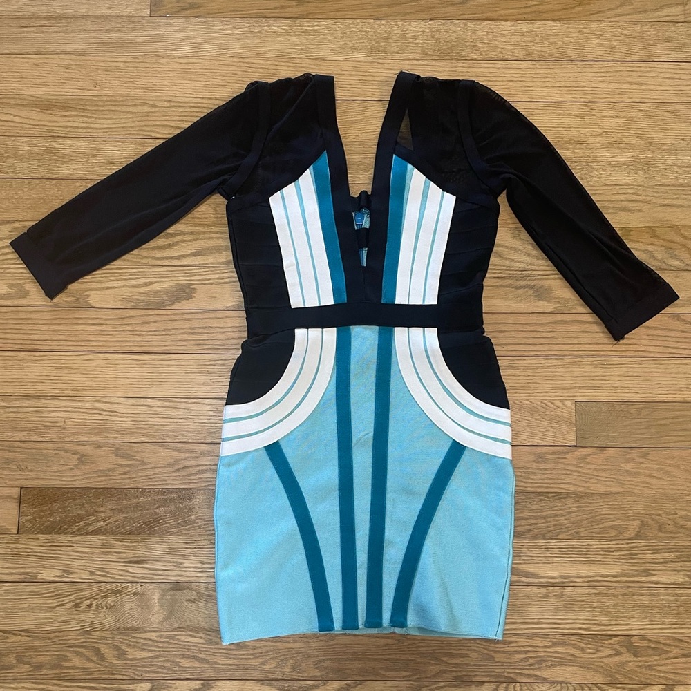 Herve Leger STYLE Color block Bodycon Blue Bandage Midi Party Going Out Dress